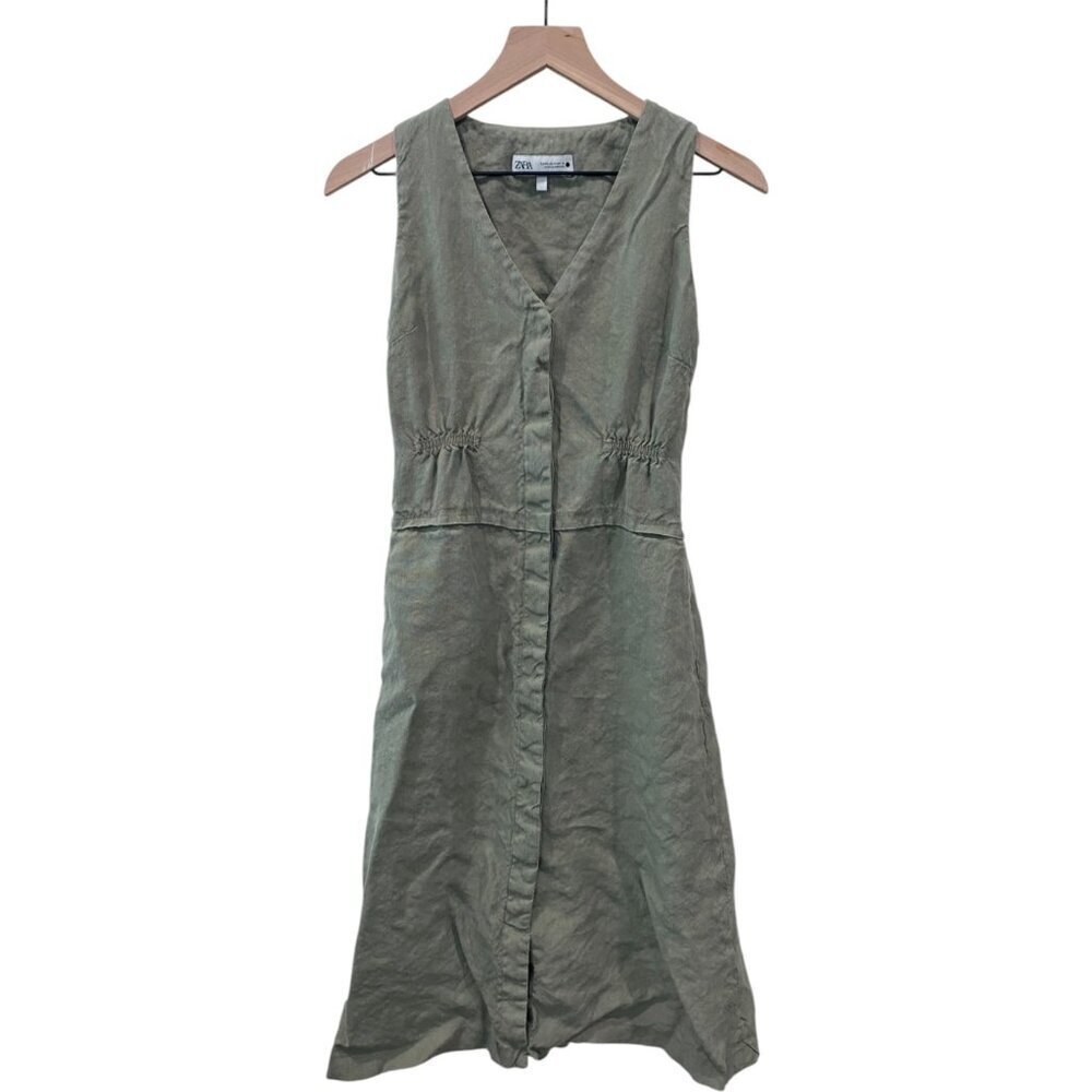 Zara ZW Collection Linen Sleeveless Elastic Waistline Button Front Midi Dress Ol - Picture 3 of 9